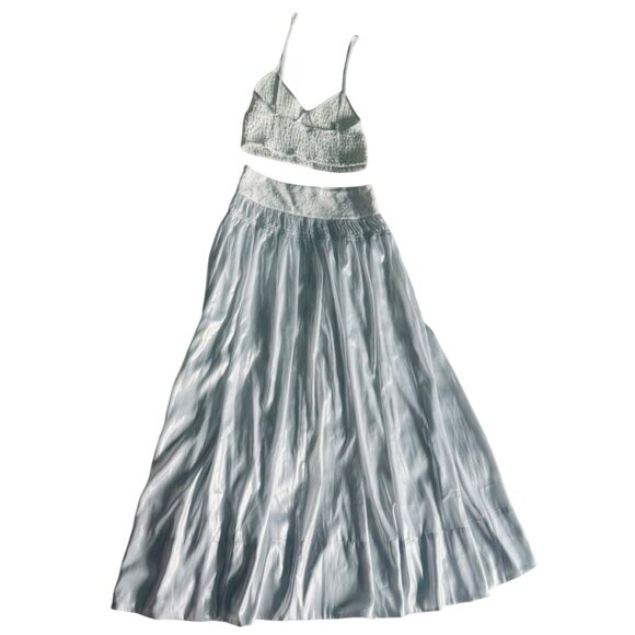 Free People Helin Skirt Set Shimmering Smocked Piped-Edge Detail Crop Tank Silky - Picture 7 of 16